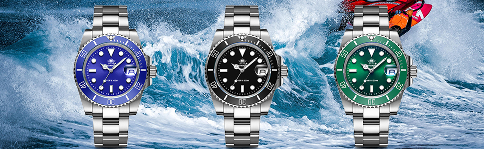 Годинник чоловічий ADDIESDIVE з кварцовим механізмом, аналоговий, водостійкий 20bar, з нержавіючої сталі, великий, зі світловідбиваючим покриттям (морський блакитний)