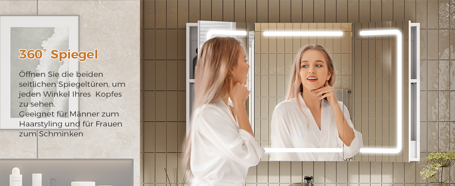 Дзеркало для ванної кімнати зі світлодіодним підсвічуванням, розеткою та 3 колірними температурами | Шафка для ванної кімнати 60x90x16 см (ВxШxГ), диммер + сенсорне управління | Біла шафка-дзеркало для ванної кімнати з 3 регульованими полицями та дзеркалом 60x90x16 см (60x100x16 см)