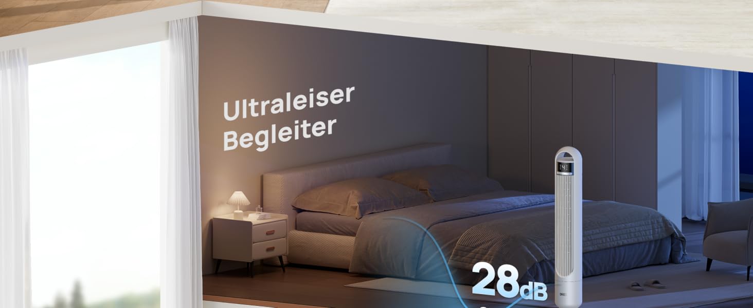 Колонний вентилятор DREO Leiser Turmventilator з дистанційним керуванням, 4 швидкості, 3 режими, 90° поворот, таймер 8г, білий, 91 см