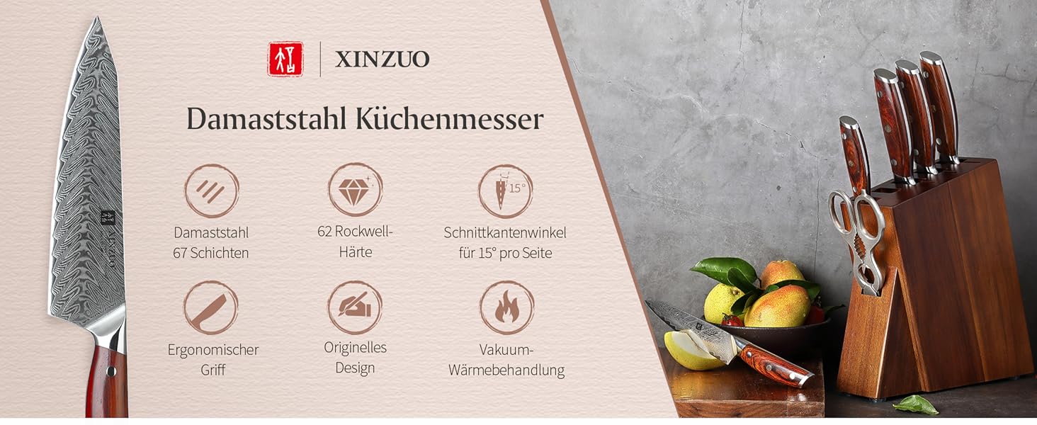 XINZUO Кухонний ніж Дамаск, 21 см, Кіріцуке Шеф-ніж, професійний кований ніж, гостре лезо Gyuto, ергономічна ручка з рожевого дерева, захисна оболонка з липи, серія Yi (набір ножів 7 шт.)
