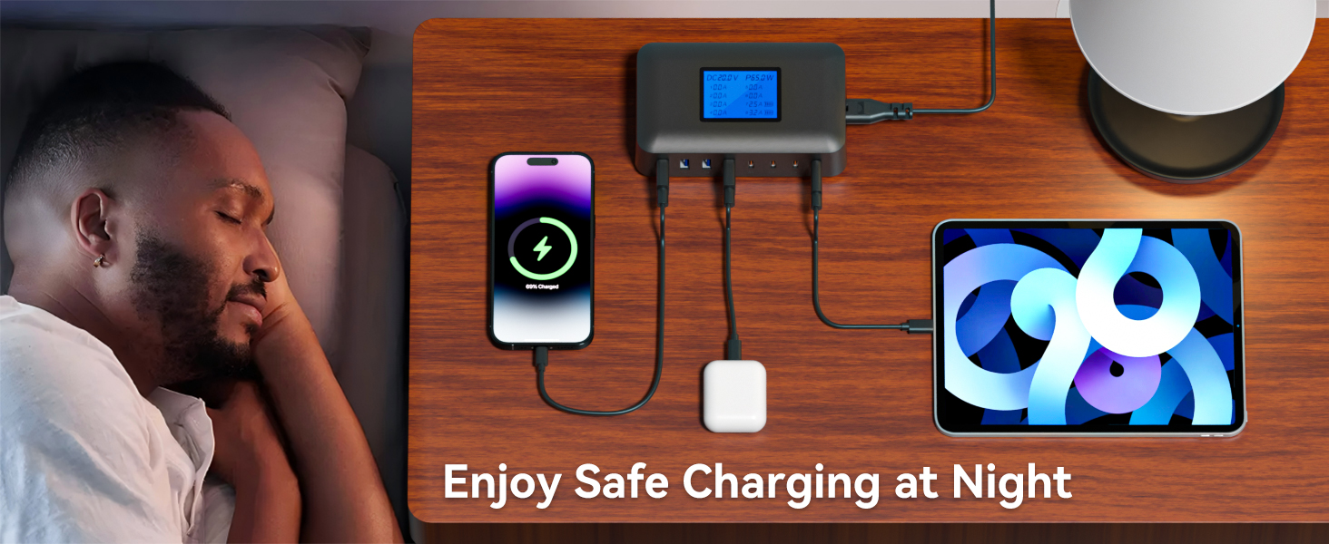 Зарядний пристрій USB C 200W, 8 портів, PD 65W з LCD дисплеєм для MacBook, iPad, iPhone 16/15/14/13 Pro/Max, Samsung S24/S23 – Чорний