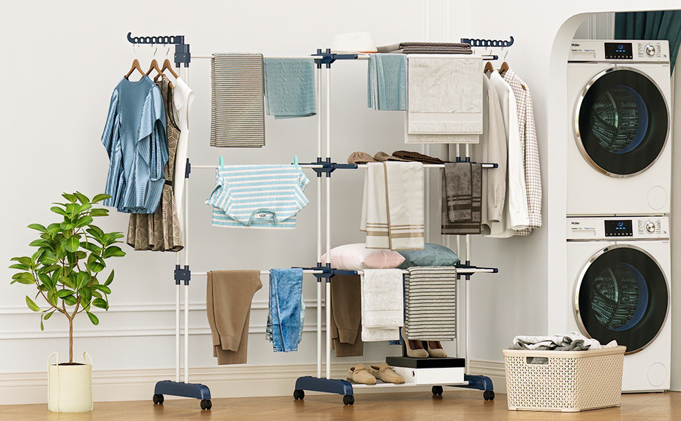Сушарка для білизни 3-ярусна, турбо-тип, 75-200см, висувна, з 2 обертовими крилами, висота 180см, економна, на колесах для квартири, балкону та саду (сіра)