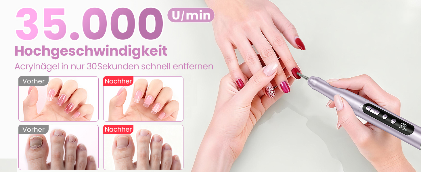 Бездротовий фрезер для нігтів 35.000 об/хв - професійний нейл-дриль для гелю та акрилу, електрична нігтьова пилка з регулюванням швидкості (фіолетовий)