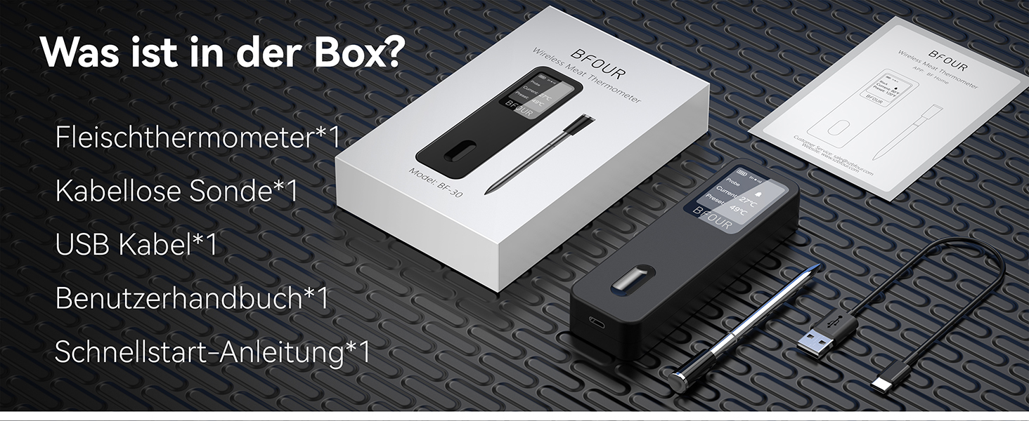 Термометр для м'яса BFOUR BF-30 PRO: бездротовий Bluetooth термометр-щуп з LCD-дисплеєм, IP67, для приготування BBQ, гриля, духовки, кухні (чорний)