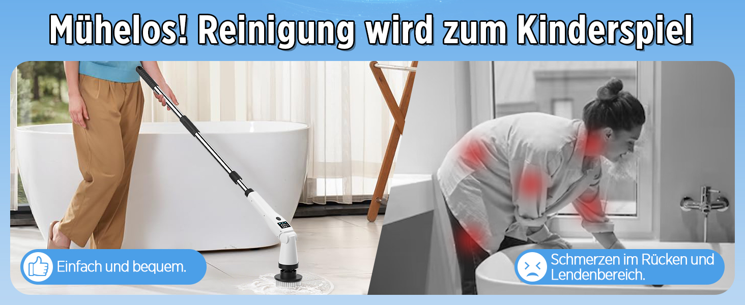 Електрична щітка для прибирання з 8 насадок, 3 швидкості, IP65 водостійка, регульована ручка, акумуляторна щітка для ванної, кухні, плитки, душу та кутів (біла)