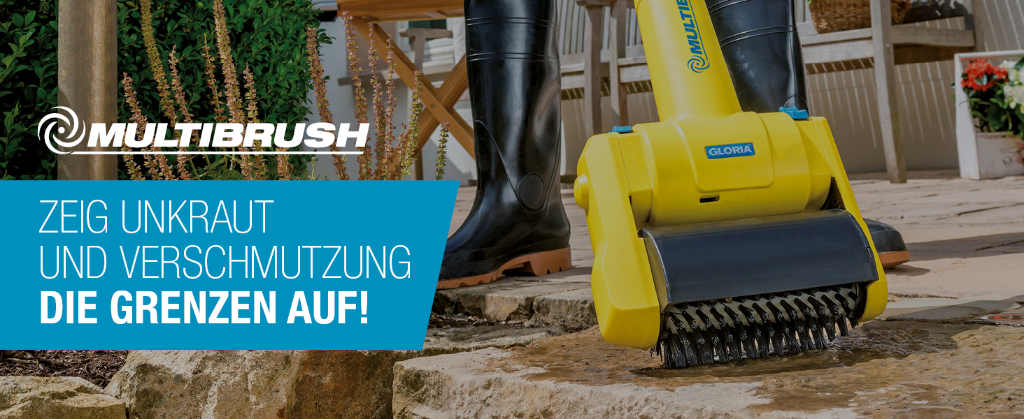 Електрощітка Gloria MultiBrush Speedcontrol — багатофункціональний інструмент для видалення бур'янів, очищення каменю, дерева, швів, підрізки країв газону, аерації та вертикутування, комплект з 2 насадками