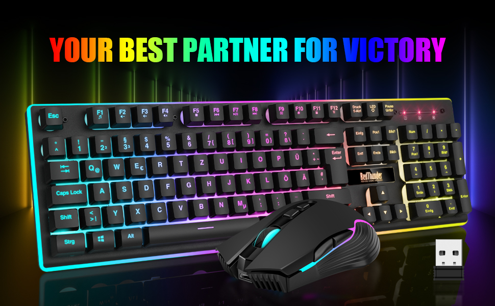 RedThunder K10 Бездротовий комплект клавіатури та миші для геймерів, QWERTZ DE, 3000mAh, 3200 DPI (Чорний)