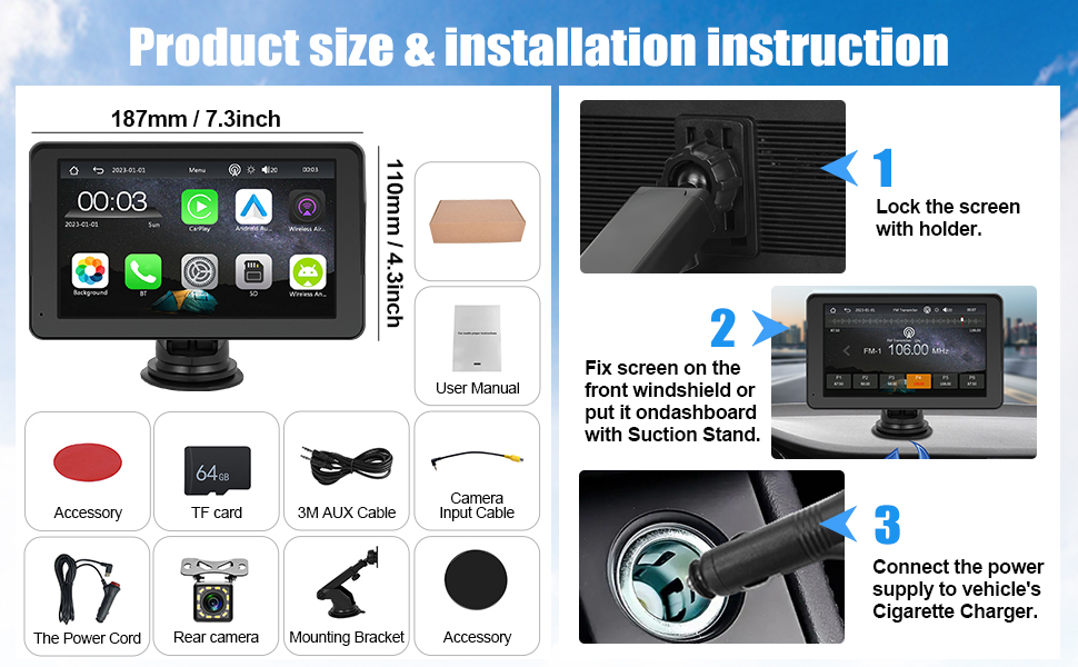 Автомобільна навігація CAMECHO 2025 з 7'' HD дисплеєм, бездротовим CarPlay та Android Auto, Bluetooth, FM-трансмітером, AirPlay, AUX, кріпленням на панель, камерою заднього виду, 64ГБ TF-карта