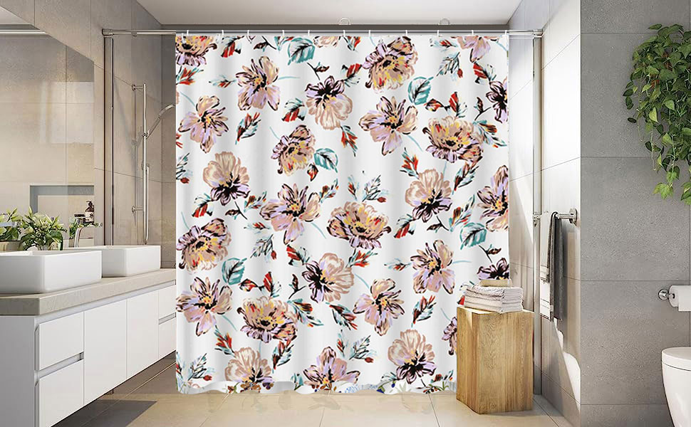 Штора для душу 180x180 см з квітами, антигрибкова, водонепроникна, поліестер, з кільцями (12 шт.)