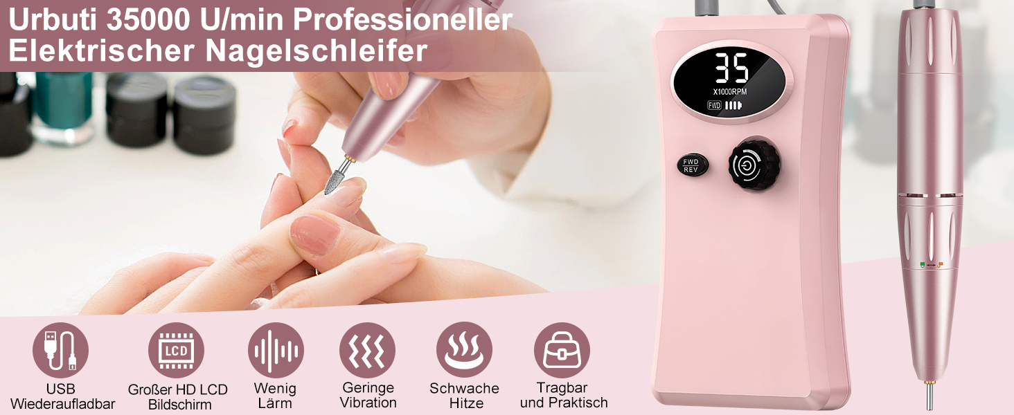 Електрична машинка для манікюру Urbuti 11 в 1, 35000 об/хв, USB, рожева. Набір для професійного манікюру з фрезерами для гелю та лаку