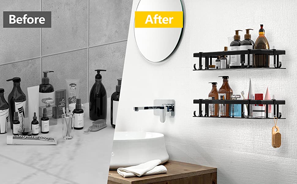 Полка для душу без свердління, 2 шт. Алюмінієва полиця для душу, нержавіюча сталь, кошик для душу з 6 клейкими поверхнями та 4 гачками, чорний колір. Підходить для ванної кімнати, кухні.