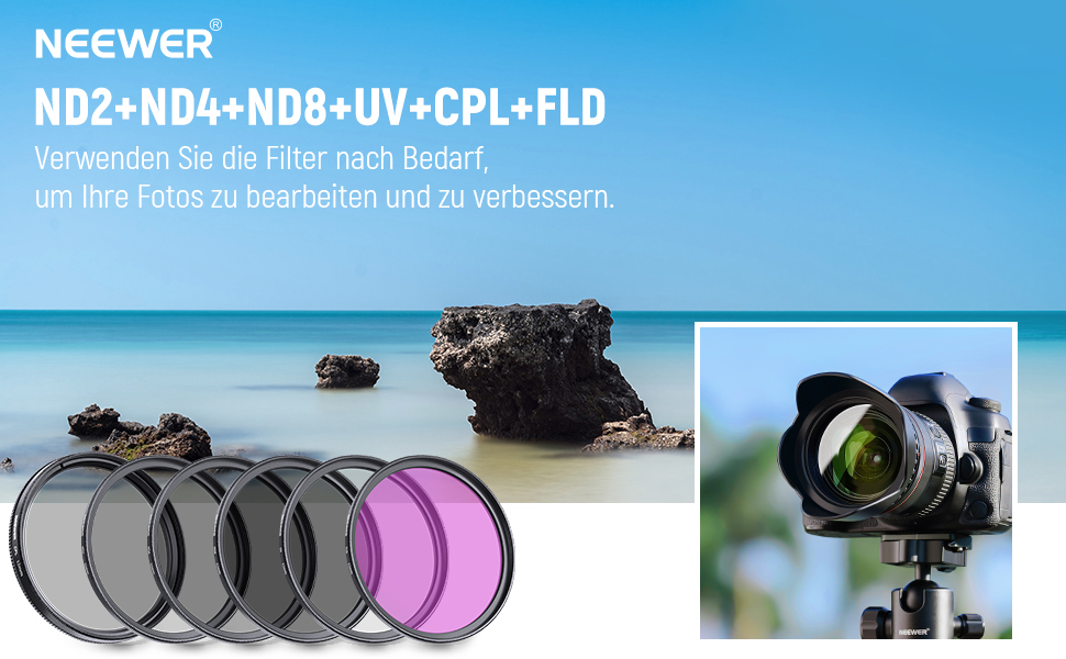 Набір фільтрів NEEWER 52mm ND/UV/CPL: ND2, ND4, ND8, UV, CPL, FLD, з кришкою об'єктива та блендою