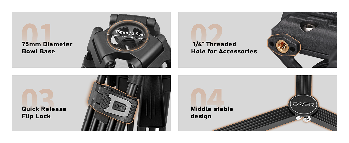 Штатив відео Cayer BF30L з пливним кріпленням, 73' (22м) – міцний штатив для DSLR, відеокамер, камер (13.2 кг)