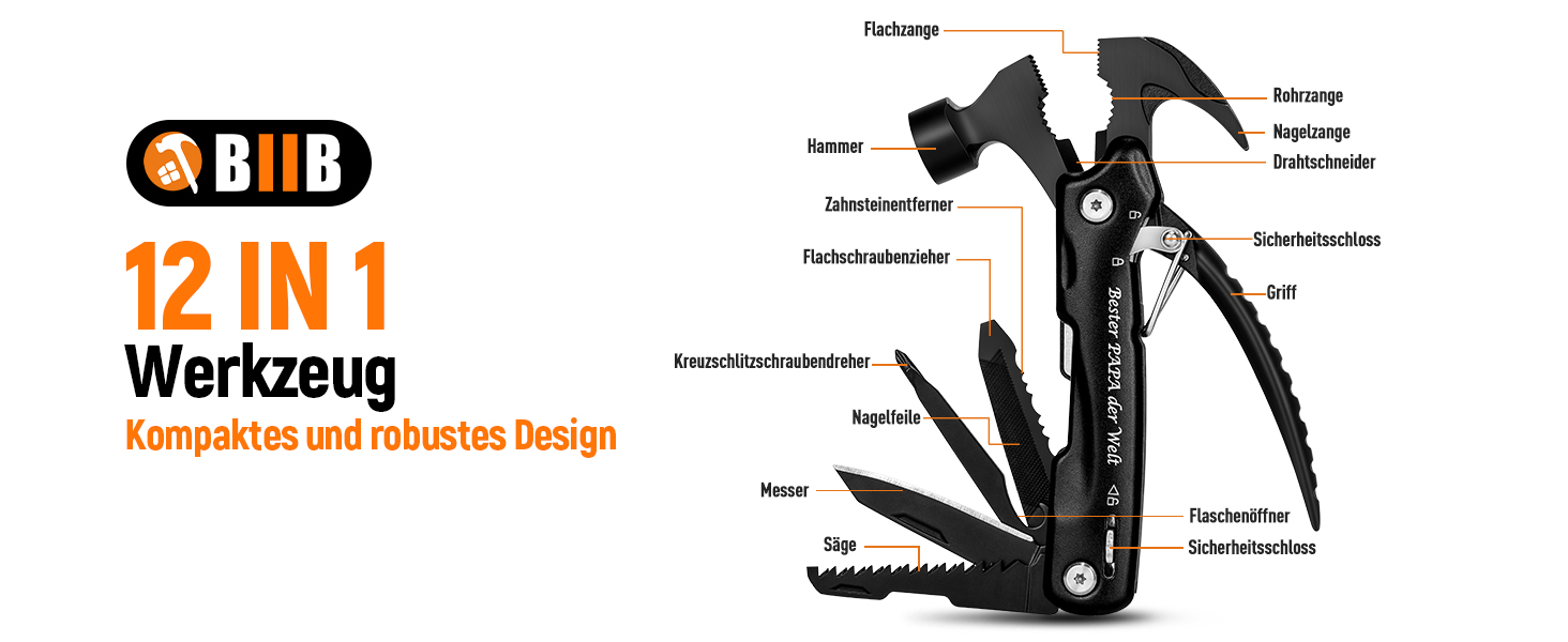 Мультитул BIIB 12 в 1: Подарунок для чоловіків на Різдво, День батька, День народження. Мультиінструмент для кемпінгу, гаджети для адвент-календаря. Преміум якість, чорний колір.