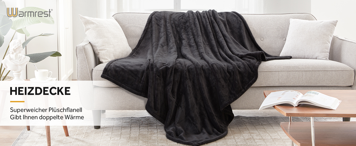 Електрична ковдра Warmrest, фланель, 130x180 см, 6 температурних режимів, таймер 1-10 год, автовимкнення та захист від перегріву, можна прати, сірий колір