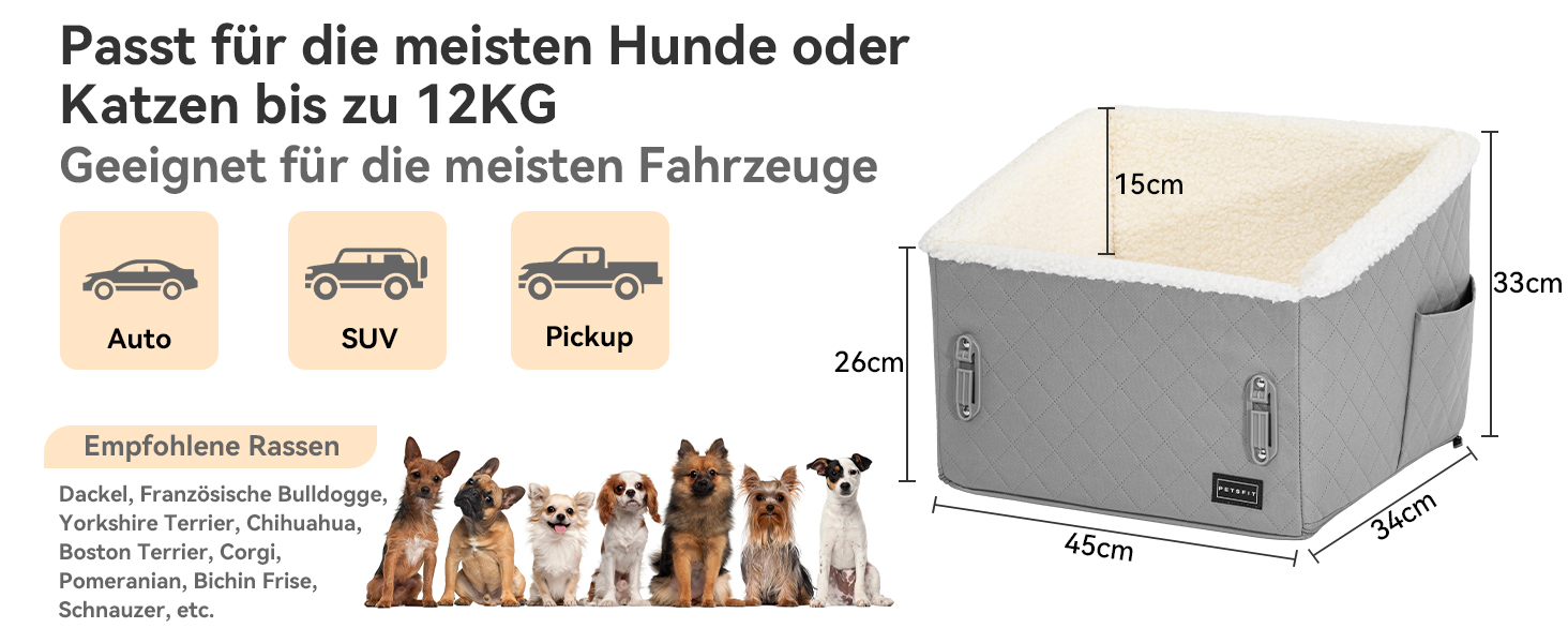 Автомобільний лежак для собак PETFIT - піднятий на 12.5 см, з патентованою системою безпеки, знімний чохол, для собак до 12 кг, біля пасажирського сидіння та на задньому сидінні (Світло-сірий, S)