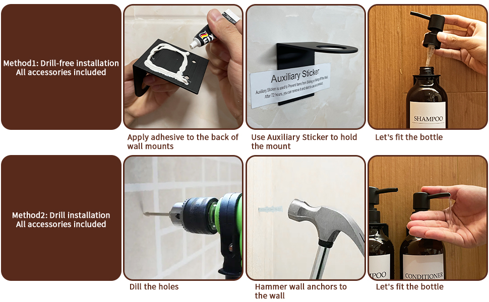 Набір дозаторів для мила та шампуню на стіну, 500 мл, 3 шт. з етикетками, без свердління, для ванної кімнати, янтарно-коричневий, чорний насос