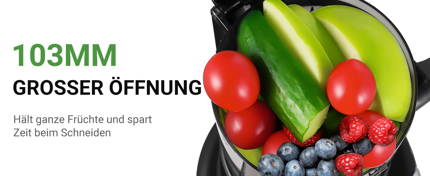 AMZCHEF Електричний соковитискач Slow Juicer 103 мм - потужність 250W, для овочів та фруктів, з 2 фільтрами, тихий двигун, функція реверсу, чорний