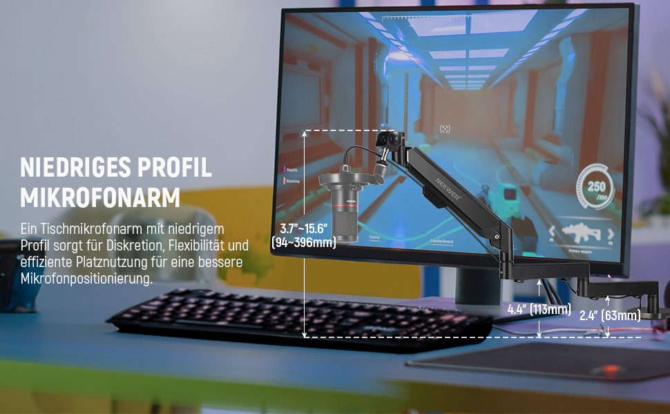 NEEWER Мікрофонний кріплення-тримач MS002 з низьким профілем, 360° обертання, для подкастів, геймінгу, стрімінгу, з каналом для кабелів та серветкою для чищення