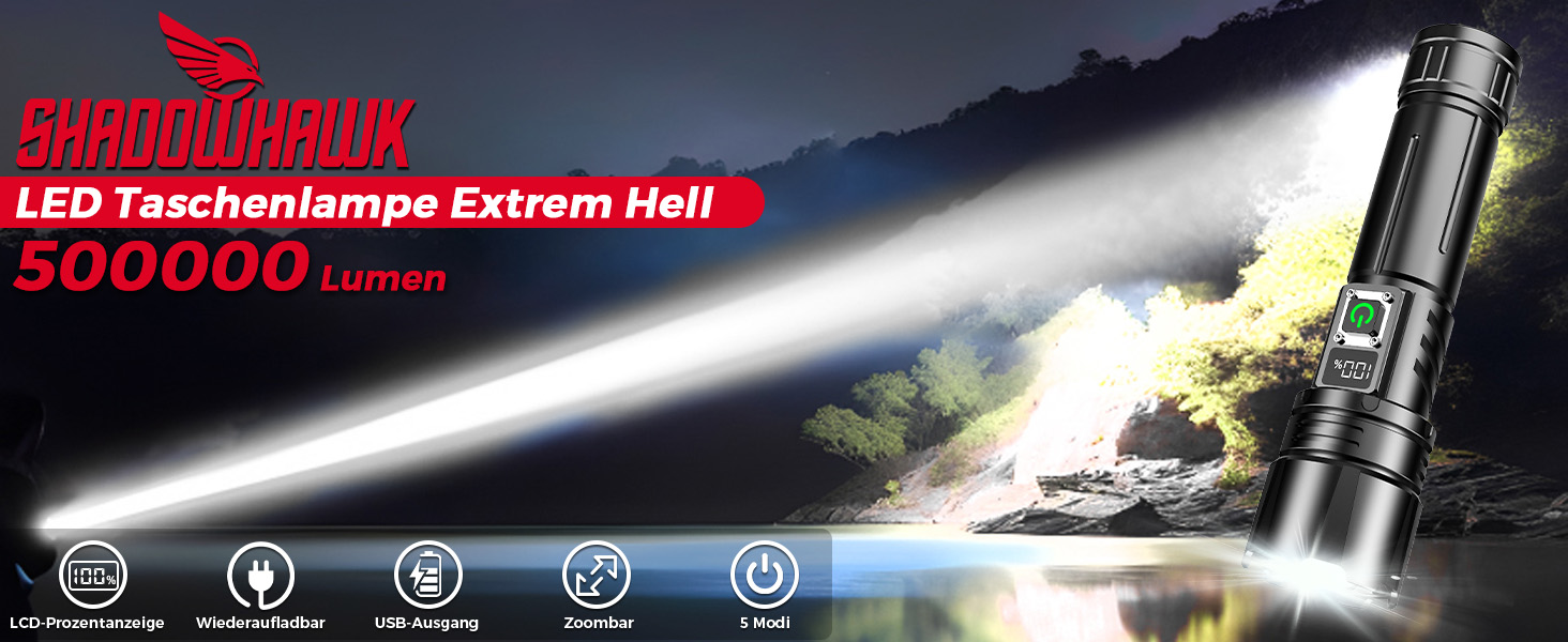 Тактична ліхтарик Shadowhawk 500000 Lumen: 10 Вт, дальність до 1000 м, 24 год роботи, LCD-дисплей, для кемпінгу та туризму