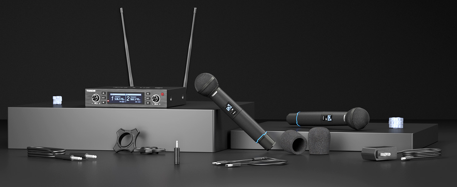TONOR TW750 Бездротовий мікрофон UHF з регулюванням, 2 шт., 100м радіус дії, світлодіодний індикатор, автосканування, для караоке, церкви, вечірок