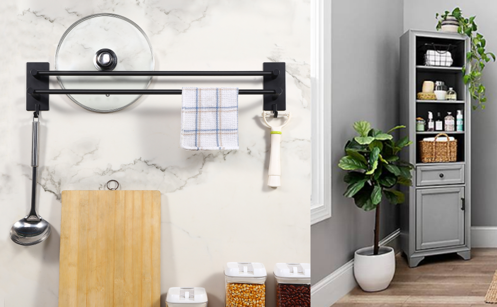 Тримач для рушників Vista без свердління, подвійний, 43.5 см, нержавіюча сталь, рушник-стійка для ванної кімнати, самоклеючий, для ванної кімнати та кухні (чорний)