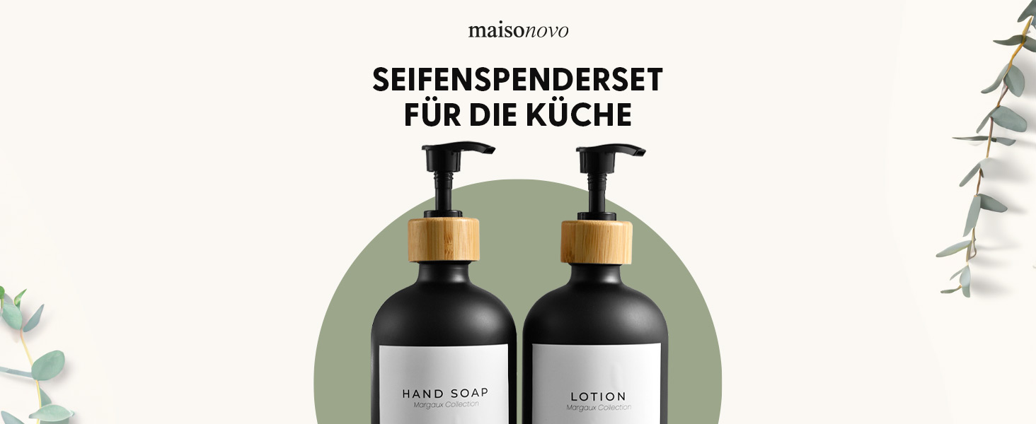 Набір дозаторів для мила та рідкого миючого засобу MaisoNovo: скляні дозатори з бамбуковою помпою, 2 шт. (500 мл)