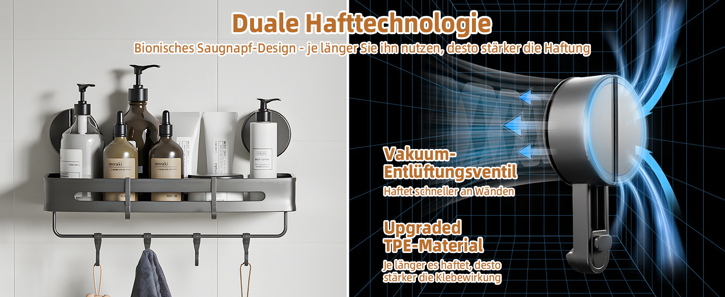 Поличка для душу на присоску без свердління, органайзер для ванної кімнати з алюмінію, сірого кольору, 20 кг, для ванної та кухні