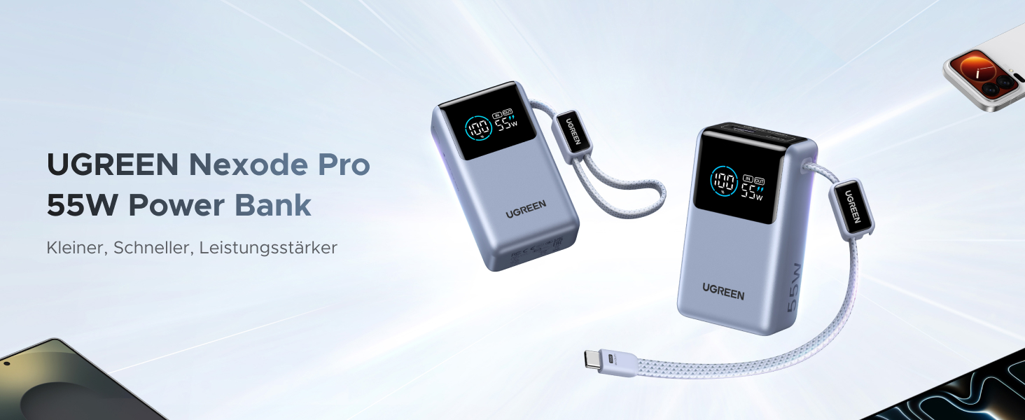 Power Bank UGREEN 10000mAh 55W з кабелем, PD 45W, Mi Turbo Charge для Xiaomi, сумісний з iPhone 15/16/17, блакитний