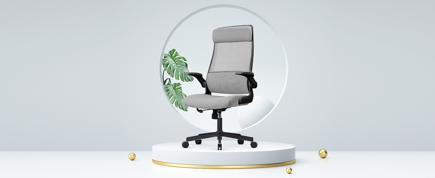 Ергономічне крісло для офісу з регульованою підголовником, сітчасте крісло для робочого столу, відкидні підлокітники, широке сидіння, функція гойдання, комп'ютерне крісло EN 1335, офісне крісло 200 кг, сіре та чорне