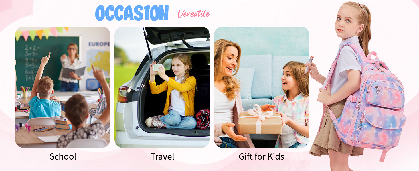 Шкільний рюкзак Tanou для дівчаток 3 шт. з ланч-боксом та пеналом, дихаючий, легкий, 22 літри, для 3-9 класів, фіолетовий зірковий принт