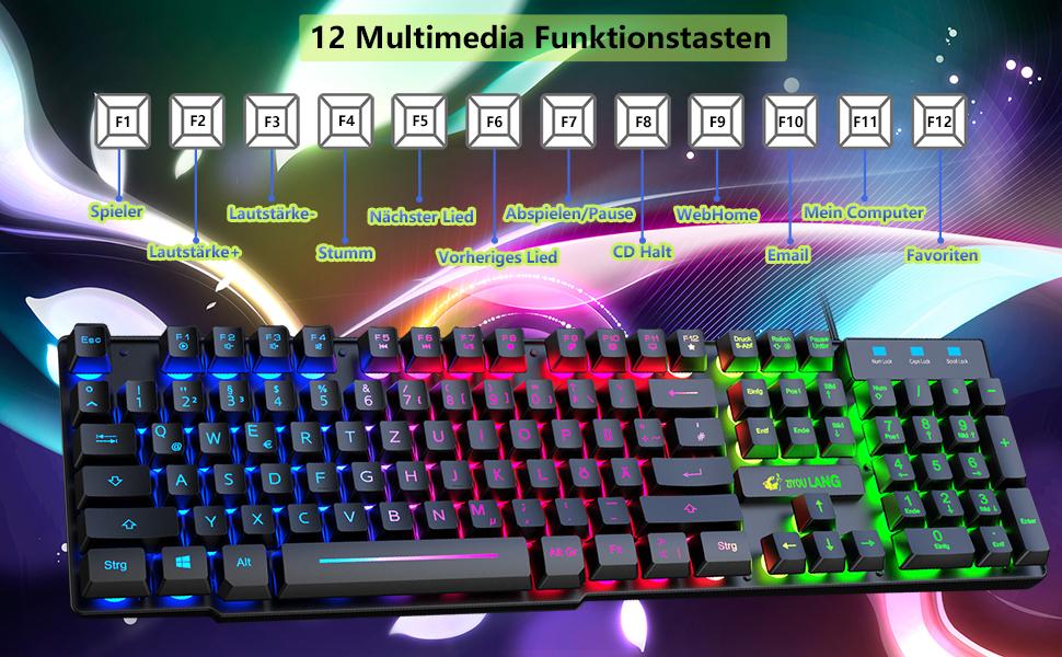 Ігровий комплект клавіатури та миші з адаптером, QWERTZ, підсвічування, 6 клавіш, миша 2400 DPI, килимок для миші, USB, ергономічний дизайн, сумісний з PS4, Xbox, Switch, чорний