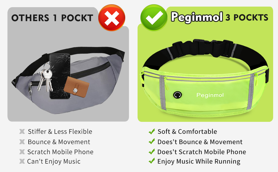 Пояс для телефону, бігова сумка, водонепроникний пояс для бігу, пояс на пояс для жінок та чоловіків з 3 кишенями, велика ємність, регульований біговий пояс (Чорний + Зелений)