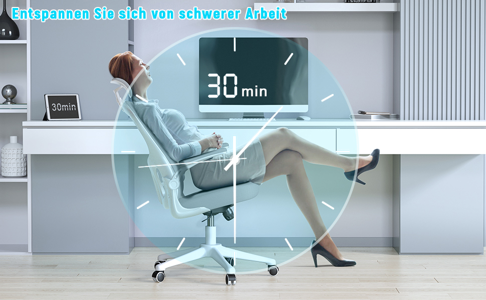 Офісний крісло Rattantree: ергономічне, з регульованою підголівником, підлокітниками та підтримкою попереку, регулювання висоти, дихаюча спинка, сіре