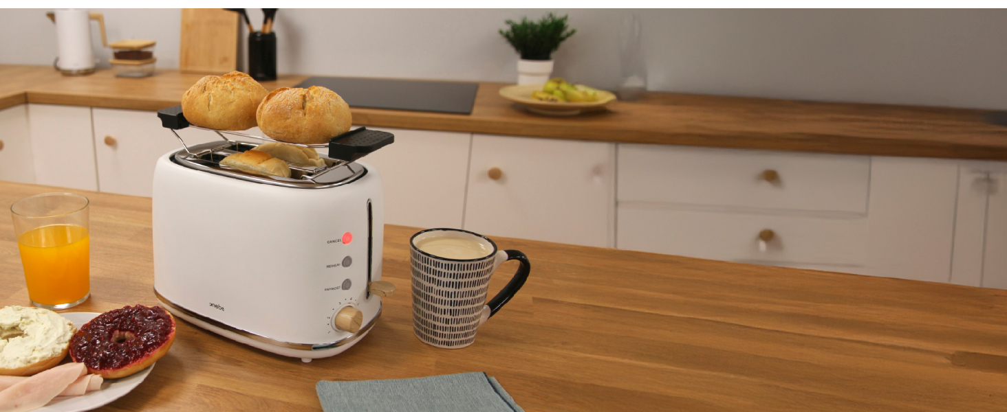 Тостер Briebe Nordic Set з широкими слотами та підставою для бургерів, 6 режимів підсмажування + Електричний чайник 1,7л, 2200W, BPA-free, Набір для сніданку, Скандинавський дизайн (Білий)