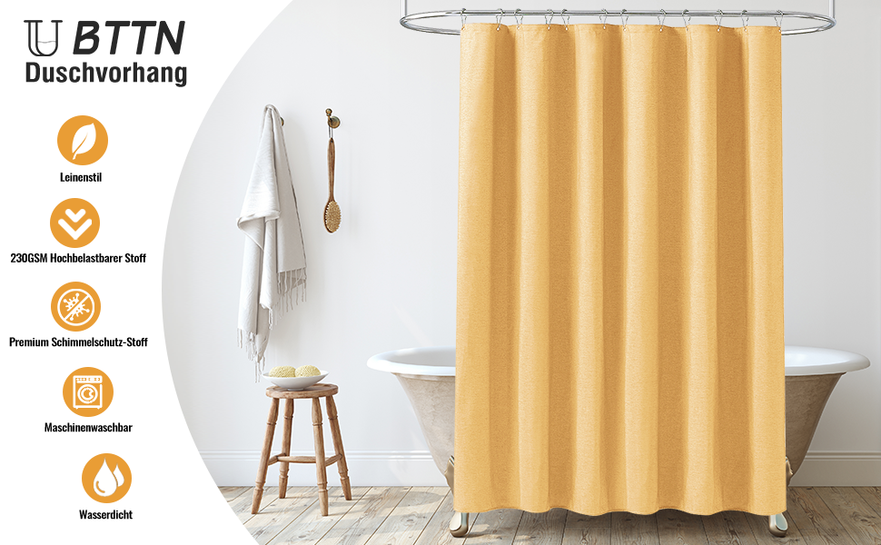 Шторка для душу BTTN, тканинна, 180x200 см, льонова текстура, антигрибкова, миється, з 12 гачками, сучасний дизайн, водовідштовхувальна, з обтяжувачем, для ванни, кремового кольору