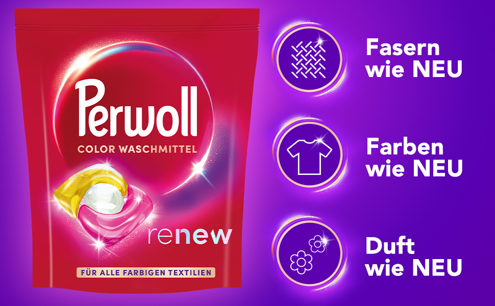 Капсули для прання кольорових речей Perwoll Renew Caps Color All-in-1, відновлення кольору та волокон, 80 прань (2 x 40 шт)