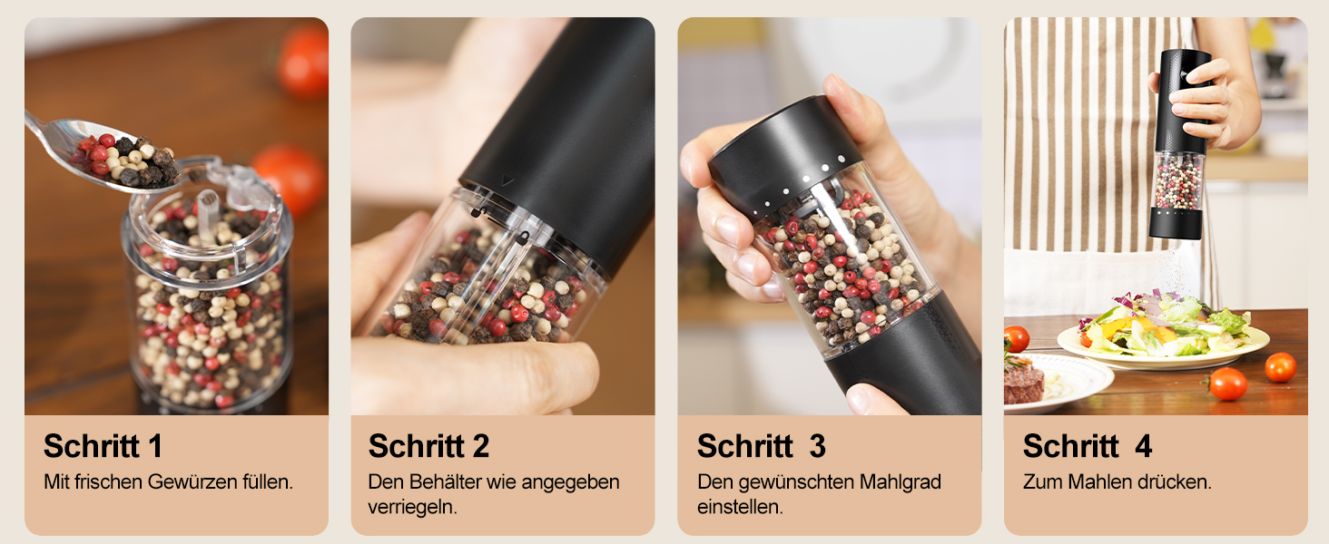 Електричні мельниці для солі та перцю 2 шт. з USB-C зарядкою, регулюванням помелу, LED-підсвічуванням, керамічним жорном та стійкою підставкою – чорний та білий