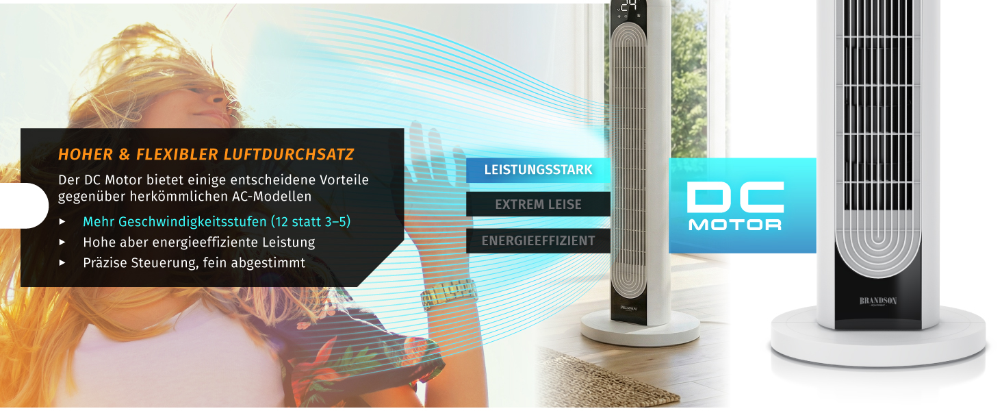 Вентилятор tower Brandson DC – тихий, 12 швидкостей, 4 режими (нормальний, природа, сон, авто), з функцією осциляції. Еко-дизайн.