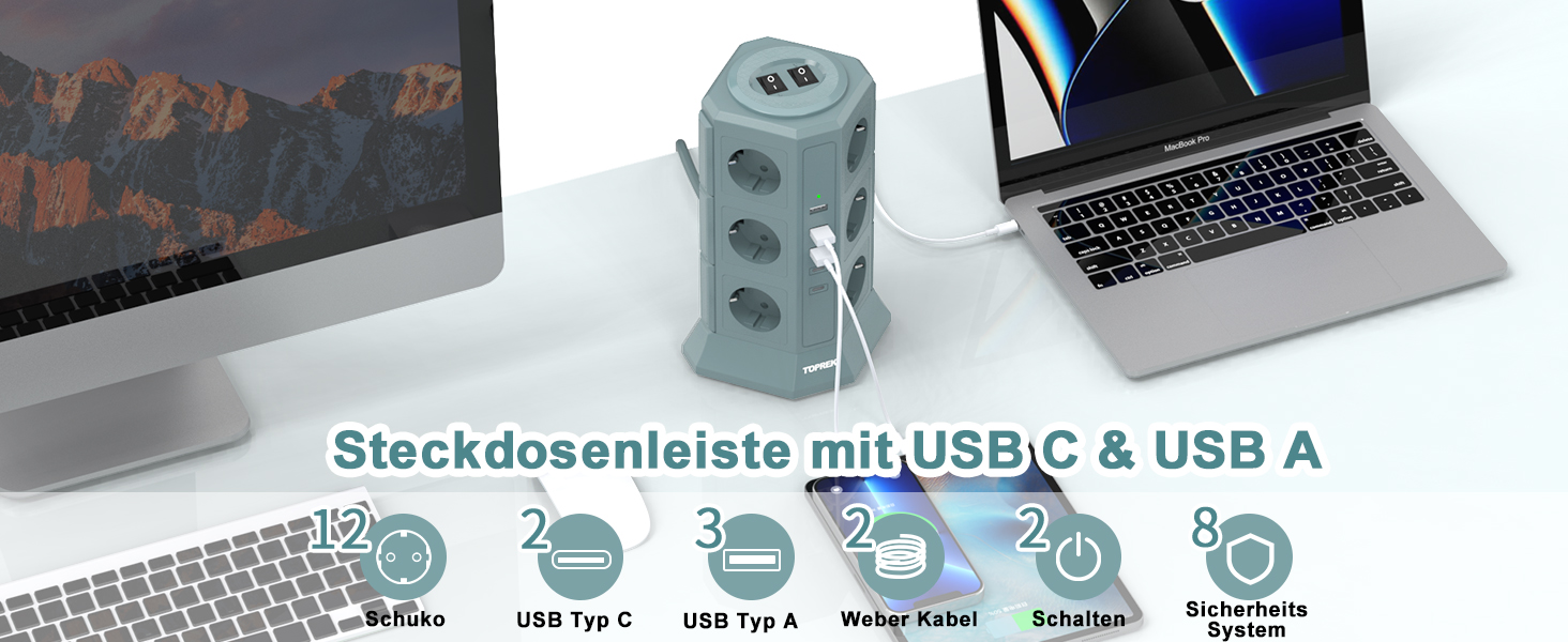 Мережевий фільтр TOPREK на 12 розеток з захистом від перенапруги, 3 USB-A та 2 USB-C портами, вимикачем, 3680 Вт, світло-зелений