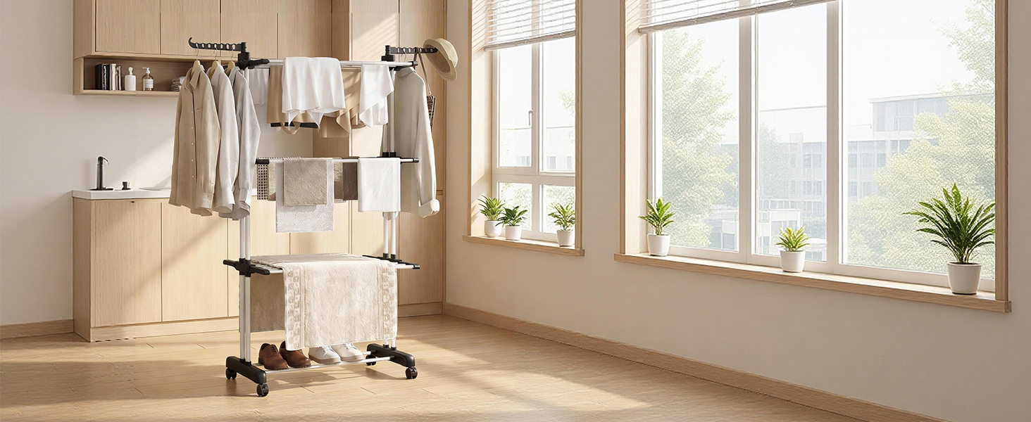 Сушарка для білизни Tower з колесами | 4-ярусна сушарка з нержавіючої сталі з 6 відкидними крилами та 2 боковими сторонами | 76x50x172 см | Компактна, складна для балкона, ванної кімнати та саду | Чорний