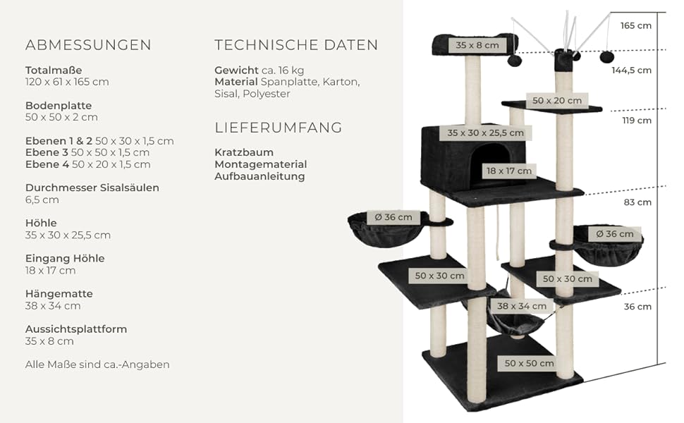 Тектейк® XXL Драбина-кіготь для котів, велика, з аксесуарами: лежанки, гамак, будиночок, іграшки, мотузка з сизалю, ствол для шліфування, кіготь для котів, драбина-кіготь для котів. Висота приблизно 165 см - сірий (Чорний | № 402933)