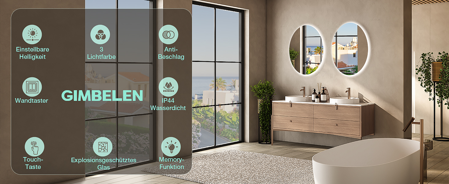 Круглий дзеркало для ванної кімнати з підсвічуванням, 80 см, 3 кольори світла, диммування, антизапар, сенсорне управління, функція пам'яті, LED, енергозбереження