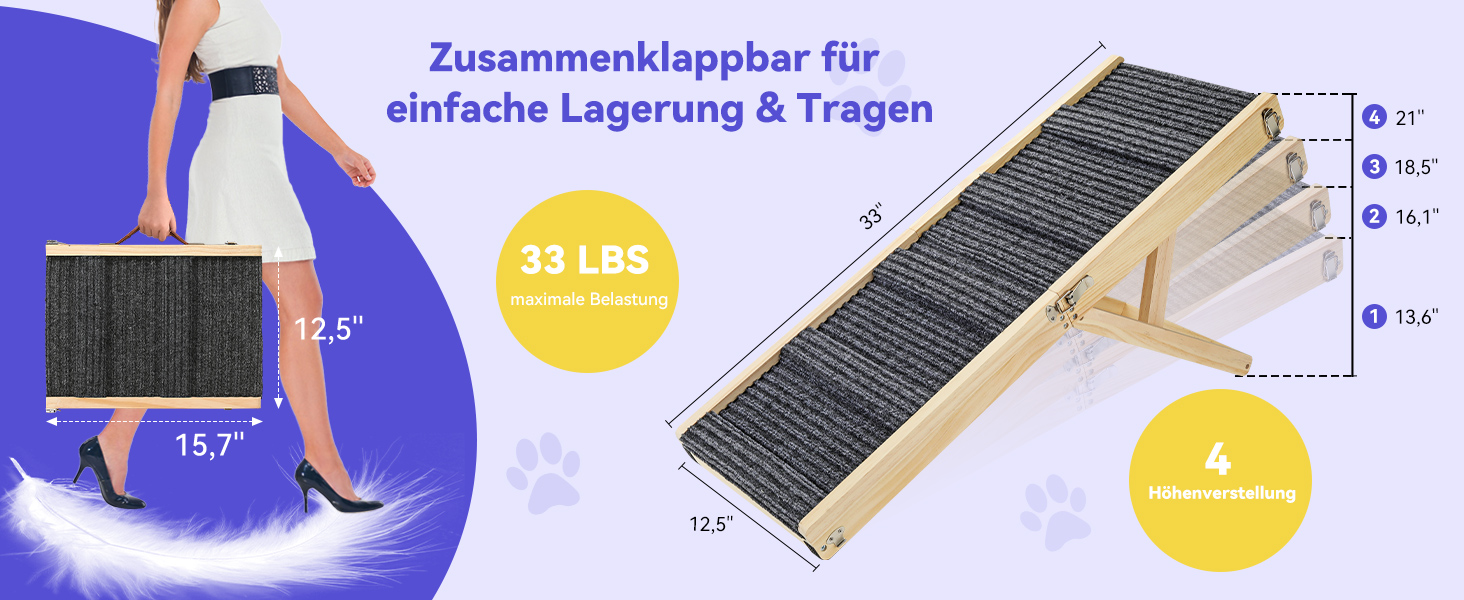 Pawaboo Рампа для собак, дерев'яна, регульована висота, 11.6'-22.4', для маленьких та середніх собак до 65 кг, протиковзка, для авто, ліжка, дивану (80x30 см, чорна)