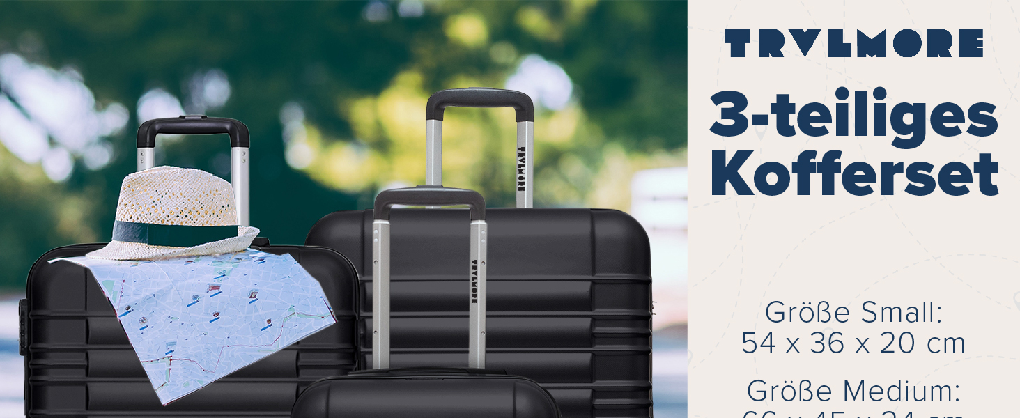 Набір валіз TRVLMORE 3 в 1: велика, середня, маленька, чорний колір. Валізи з жорстким корпусом, для подорожей, ручна поклажа 54x36x20 см.