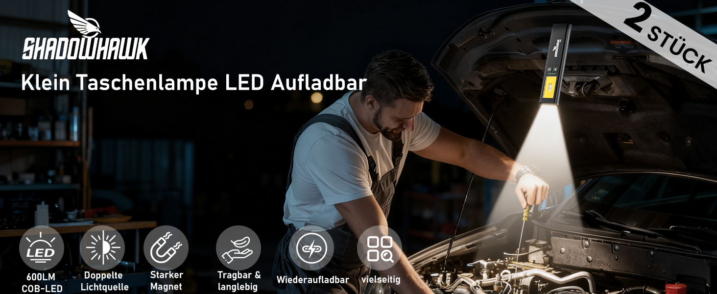 LED-ліхтарик Shadowhawk 2 шт. Зарядний, водонепроникний, COB, з магнітом та кліпсою, 7 режимів, чорний | Для кемпінгу, майстерні, надзвичайних ситуацій