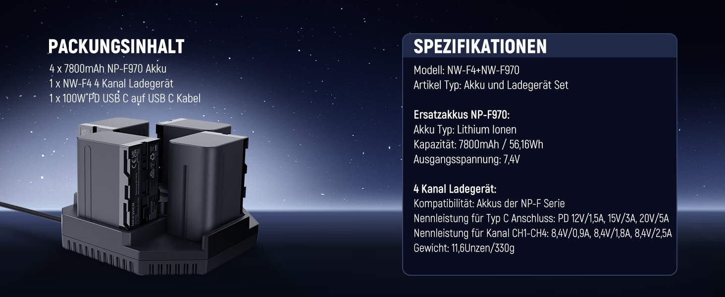 Зарядний пристрій NEEWER Micro USB для акумуляторів Sony NP-F550/F750/F960/F970, NP-FM50/FM70/FM90, QM71D, 91D, NP-F500H/F55H, 4-канальна зарядка з 4 акумуляторами