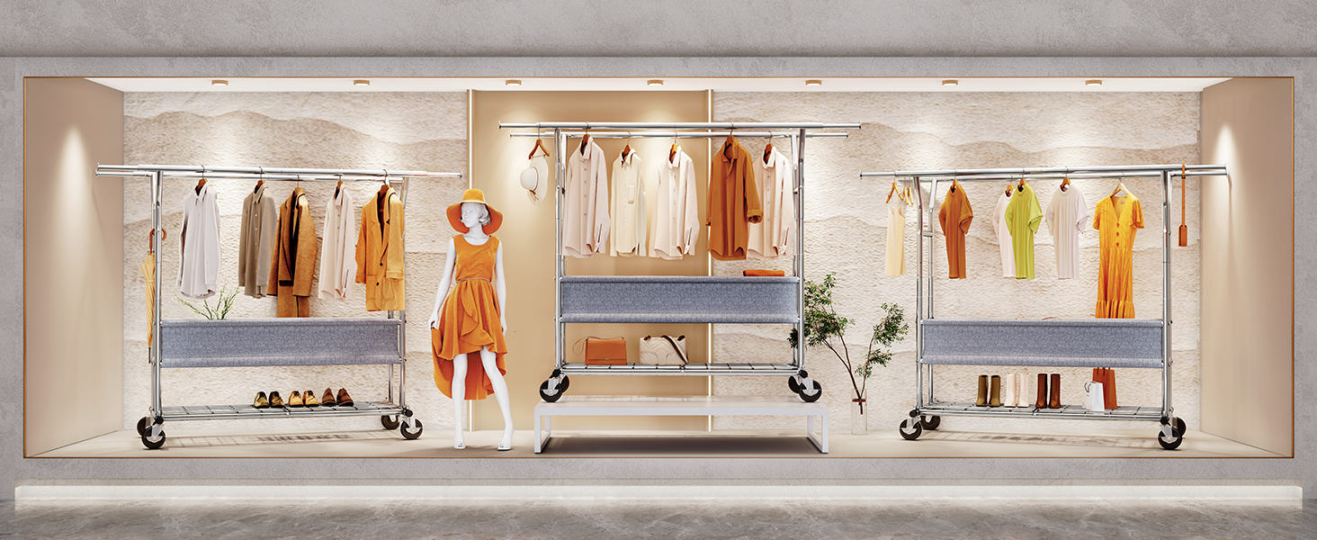 Підставка для одягу HOKEEPER на колесах, подвійна штанга, вантажопідйомність до 283 кг, промисловий дизайн, з полицею та кошиком для білизни, регульована довжина та висота (D005)