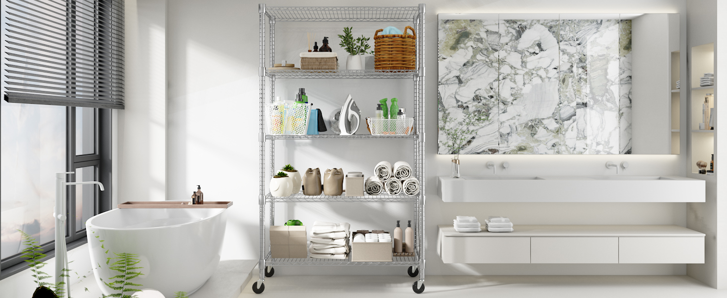 Himimi 5-Tier Rolling Wire Shelving Unit with Adjustable Height and Leveling Feet