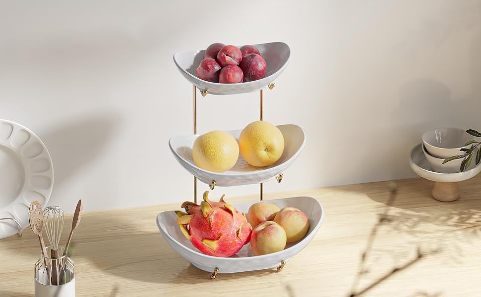 Трьох'ярусна фруктова тарілка Acliys з кераміки (золото) – для зберігання фруктів, овочів, снеків та десертів